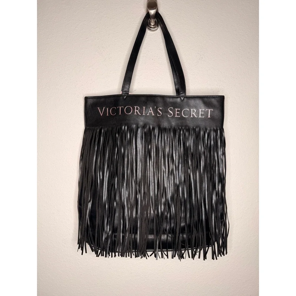 NWT Victoria's Secret‎ Limited Edition black faux leather fringe tote bag